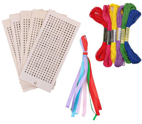 ANCLLO Kit segnalibri Punto Croce Segnalibri in Legno Cornice Punto Croce Aghi Fili Nastri per Bambini Principianti Progetto Fai da Te Artigianato
