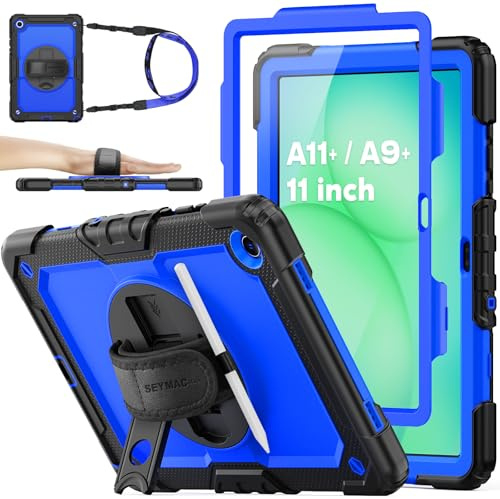 SEYMAC stock Case for Samsung Galaxy Tab A11+ Plus / A9+ 11'', Blue | Full Body Shockproof, with Screen Protector, 360° Rotating & Adjustable Stand/Hand Strap, Pen Holder, Shoulder Strap