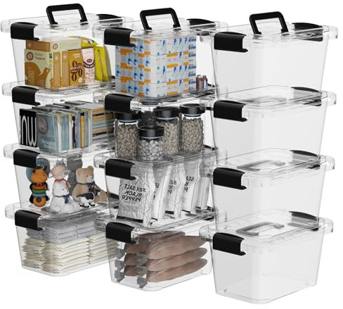 Cetomo Aufbewahrungsboxen, Aufbewahrungsbox mit Deckeln und Griff für Zuhause, Wohnheim und Büro, stapelbare ineinander schachtelbare Behälter, Kunststoff, transparent, 10L-12er Pack