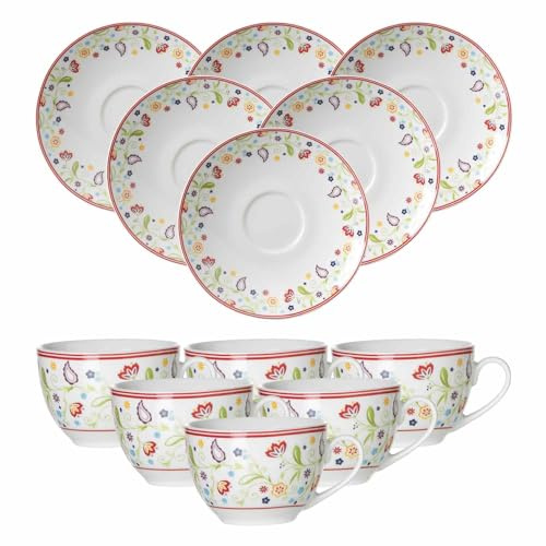 Ritzenhoff & Breker Shanti Kaffeetassen mit Untertassen 6er Set, 220 ml, Kaffeeobertassen und Kaffeeuntertassen mit floralem Blumen-Dekor, Porzellan, Bunt