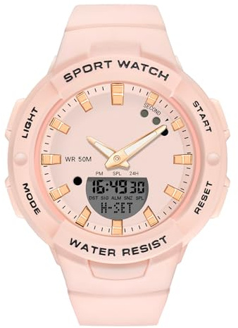 rorios Mädchen Elektronische Uhren Digital Analog Quarz Armbanduhr Damen Einfach Uhr Harz 50M wasserdichte Uhr Multifunktional Militär Uhr für Frauen Rosa