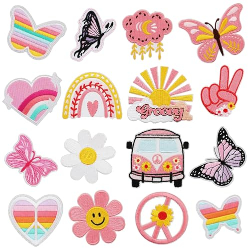 16 Stück Flicken zum Aufbügeln, Kinder Bügelflicken, Applikation Aufbügelflicken, Patches zum Aufbügeln, DIY Bestickte Patches für Reparatur Dekorative Kleidung Jeans Jacken Hemd und Rucksäcken