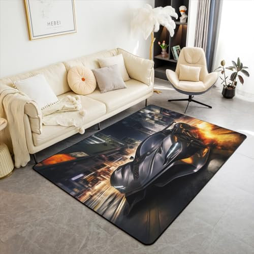 Homewish Rennen Auto Bereich Teppich 100Bx150L,3D Sport Auto Teppich für Kinder Jungen,Brennende Rote Flamme Indoor Bodenmatte,Extreme Sport Thema Dekorative Teppich Schlafzimmer Dekor,rutschfest