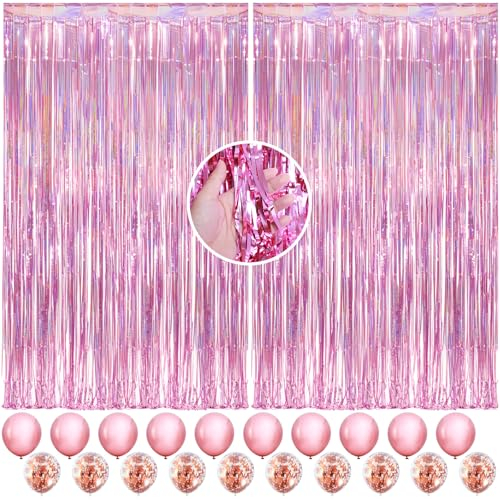 PEAKTOP Lametta Vorhang, 2 StüCk Metallische Glitzervorhang, Lametta VorhäNge Glitzer, Folien Fransen Partydeko Hintergrund FüR Partys Foto Geburtstagsdeko Hochzeit (2mx1m, Rosa)