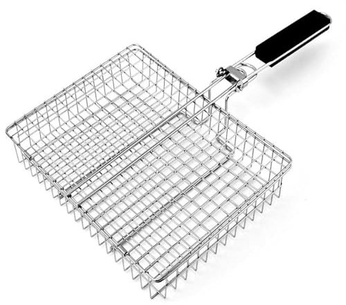 BBQ Grilling Basket, Portable Folding Barbecue Basket, Stainless Steel Outdoor Grilling Net with Detachable Handle for Fish Vegetable Meat Shrimp (31 x 24cm)