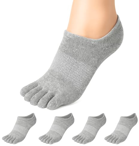 Soxsense No Show Toe Socks Premium Cotton for Women, Align Toes Five Finger Liner Low Cut Thin Socks for Bunion, (4 Pairs) (US, Alpha, Medium, Regular, Regular, Grey)