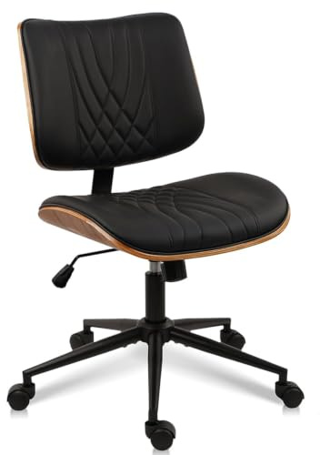 CLATINA Armlose Bürostuhl Schreibtischstuhl mit Rollen höhenverstellbarer Leder schwenkbarer Computerstuhl mit Mittelhochlehne moderner Nussbaum Stil für Home Arbeitszimmer Konferenzraum, Schwarz