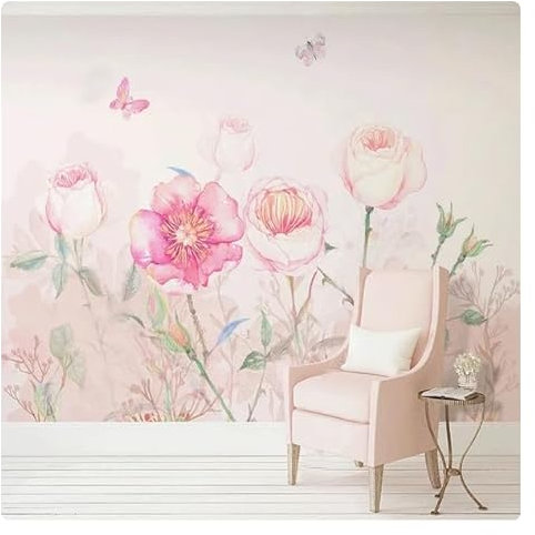 vsdhlsidgl Nordic Handgemalte Rose Rosa Blumen Wandbilder Tapete Wohnzimmer Schlafzimmer Pastoralen Hintergrund Wohnkultur Wandmalerei Fresko*150cmx105cm(59,1x41,3inch)