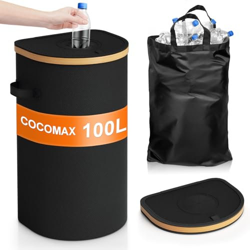 COCOMAX Pfandflaschen Sammelbehälter, 100L Groß Flaschensammler Leergut Bambus Pfandflaschen Behälter Aufbewahrung mit Deckel, Flaschen Organizer mit Loch für Kunststoffflaschen, Dosen, Glasflaschen