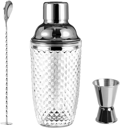 Cocktailshaker i glas, 400 ml cocktailshakerset, cocktailmixer cocktail shaker glas rostfritt stål mixer med rostfritt stål mätkopp och spade, glasshaker för hemmet bar (Silver-1)