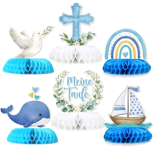 BETESSIN Taufe Deko Junge Blau - 6 Stück Meine Taufe Tischdeko mit niedlichen Motiven - Bienenwabe Mittelstück - Taufdeko für Junge & Mädchen