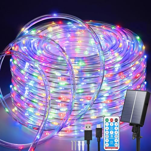 Aofonchy Solaire Guirlande Lumineuse Tube Extérieur, 20M 200LEDs Étanche Guirlande Lumières Pipe avec 8 Modes & Télécommande, USB Lumières de Corde Solaire pour Fête de Noël JardinMariage Fête