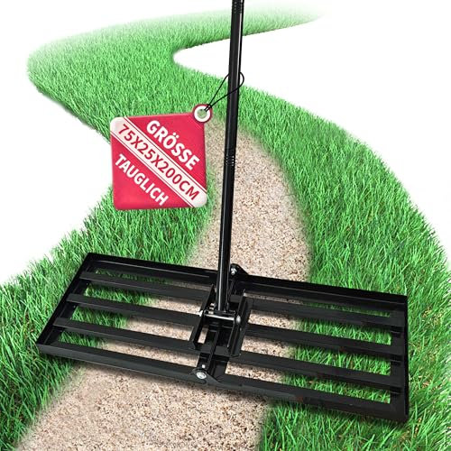 Rasenrechen Rasenabzieher 75x25 cm aus Edelstahl – Verstellbarer Metallstiel 160–200 cm mit Gummigriff – Nivellierrechen für Sand, Erde & Rasenpflege – Garten- und Golfplatz-Glätter