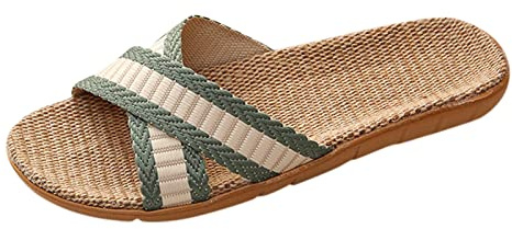 Damen Leinen Sliders, Unisex Leichte Hausschuhe Rutschfeste Outdoor & Indoor Pantoffeln Offene Zehen Haus Slipper Flache Espadrilles Elegant Strohsandalen Leichte Badelatschen Weich Leinenschuhe