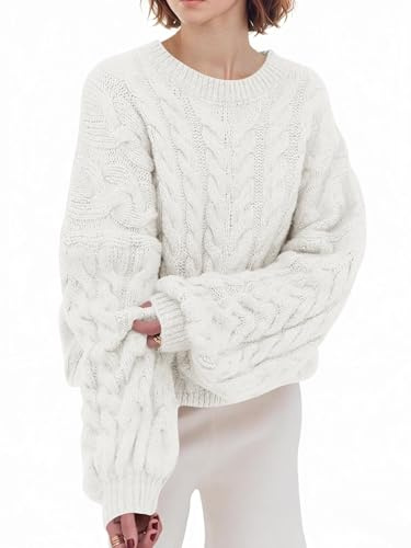 Saodimallsu Pullover Damen Oversized Rundhals Strickpullover Langarm Zopfmuster Grobstrick Pulli Tops Einfarbig Casual Winter Oberteile Weiß M