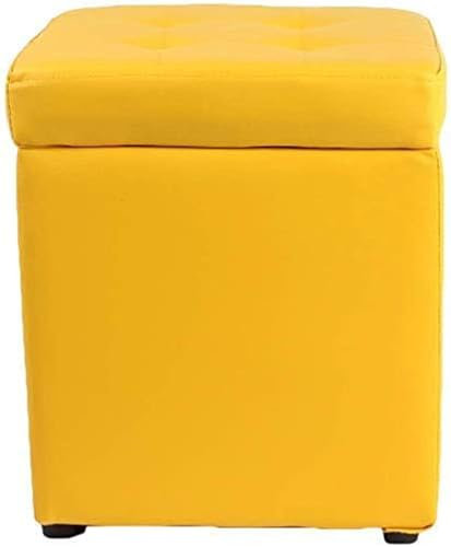 Ottomane Pouf mit Stauraum, 30 x 30 x 35 cm, gepolsterter Würfelhocker mit Scharnierdeckel, wasserdichte Spielzeugkiste für Wohnzimmer & Schlafzimmer, moderner Kunstledersitz, Gelb