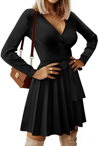 heekpek Abito Elegante Donna Invernale Scollo a V Vestito Donna Maniche Lunghe Abito di Maglia Sexy Abiti Linea A Vita Alta Mini Vestito con Cintura, Nero, L
