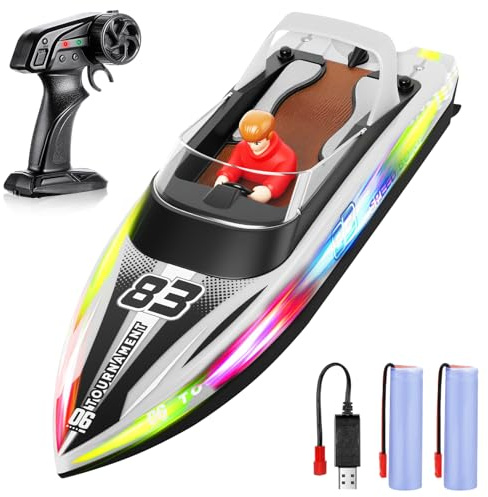 HOTUT Barca Telecomandata per Bambini, Impermeabile Barca da Corsa RC ad Alta Velocità da 2,4 GHz con Luce LED,Motoscafo Giocattolo Ricaricabile con Fantoccio,Motoscafo Giocattolo per Adulti e Bambini