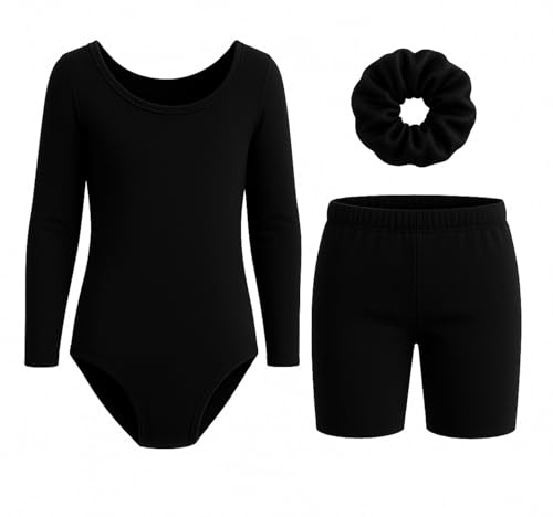 School Stitch® 3 Piece gymnastics leotards for girls Set, Kids Microfiber Long Sleeve Bodysuit With dance shorts & Scrunchie, Stylish Ballet Dress Leotards for Girls Gymnastics Kids Bodysuit Age 3-13