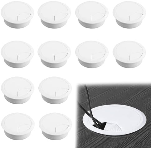 12PCS Desk Cable Wire Grommet White Plastic Desk Cord Cable Round Cable Grommet Computer Table Wire Organizer or Home and Office Table Cable Cord Management Surface Port Hole Covers