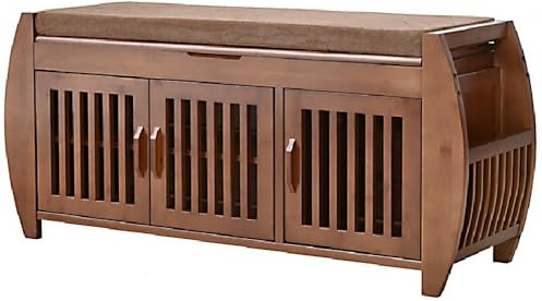 angelfanmily Zapatero de Bambú con Banco, Armario Zapatero Estrecho con 2 Niveles, 3 Puertas con Perforaciones, Organizador de Zapatos Ahorrador de Espacio para Entrada