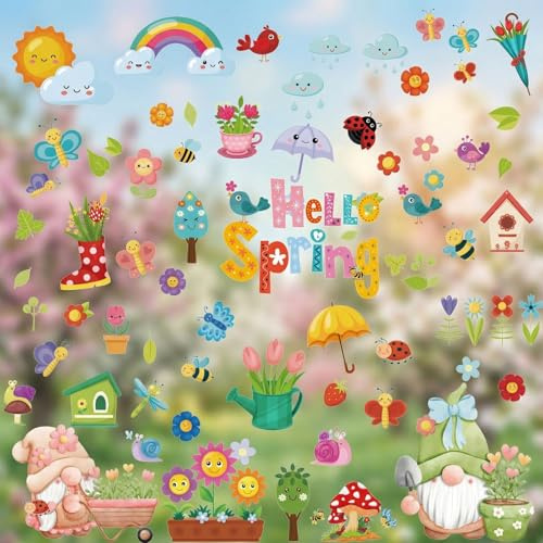 Aquarell Fensterbilder Frühling Sommer 9 Blätter Fenstersticker Frühling Ostern Selbstklebend Schmetterling Blumen Vogel Baum Fensteraufkleber Wiederverwendbare für Fensterdeko Kinderzimmer