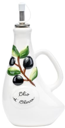 Huilier en céramique avec fond incurvé, décoration olives en relief peintes à la main, bouchon verseur anti-goutte, blanc - SF11