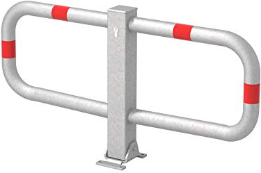 Alberts 770037 Parkplatzbügel Stoppy I | wahlweise in verschiedenen Ausführungen | zum Aufschrauben, umlegbar | feuerverzinkt, mit roten Ringen | 450 x 950 mm