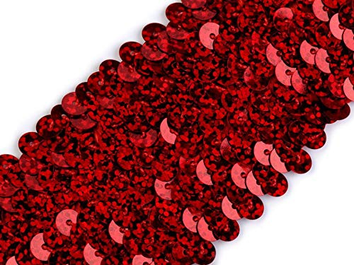 Stoffe-Online-Shop Stretch-Pailletten, Paillettenband, Paillettenborte elastisch, mit Hologramm-Effekt in Gold, Silber, rot und blau erhältlich, Breite 45mm, VE: 1,5m (Rot)