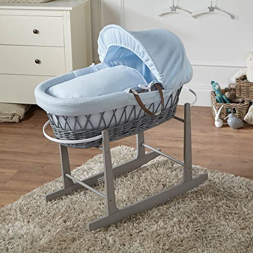 For Your Little One Blue Waffle Grey Wicker Moses Basket with Grey Rocking Stand