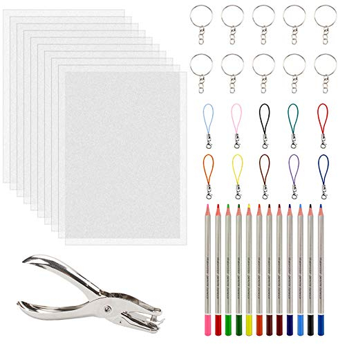 43 Stück Schrumpffolien Set für Kinder, Schrumpffolien Bastelset mit Schrumpfpapier Schlüsselanhänger Wachsmalstift Locher und Lanyard, Schrumpffolie zum Basteln für Kinder DIY Handwerk als Geschenken