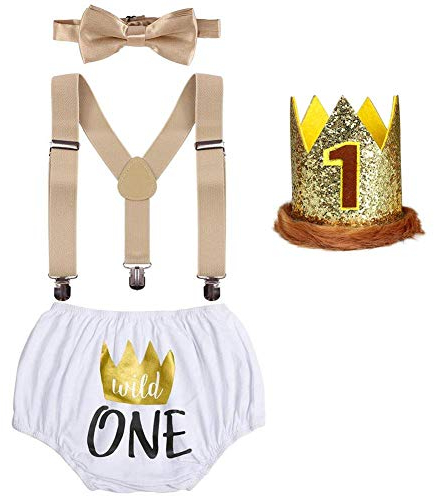 1st Birthday Cake Smash Outfit for Toddler Baby Boys Lumberjack Farm Wild Diaper Cover Shorts PP Pants+Y-Back Suspenders+Bow Tie+Ear Headband/Prince Crown 4pcs Set Photo Shoot White One 6-12 Months