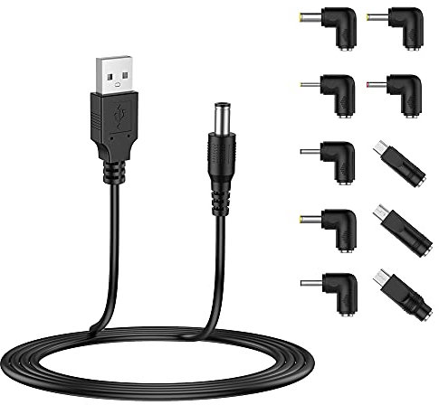 LIANSUM USB to DC 5V Power Cord, Universal DC 5.5x2.1mm Plug Jack Charging Cable with 10 Connector Tips(5.5x2.5, 4.8x1.7, 4.0x1.7, 4.0x1.35, 3.5x1.35, 3.0x1.1, 2.5x0.7, Micro USB, Type-C, Mini USB)5FT