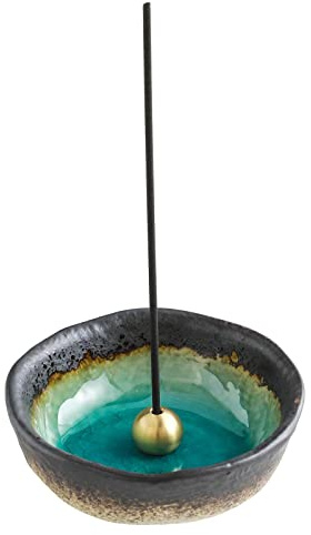 Asayu Japan - Quemador de Incienso, Hecho en Japón para Varillas, Porta Incienso de cerámica con Soporte metálico para Varillas (Aguamarina Natural, 8.3cm)