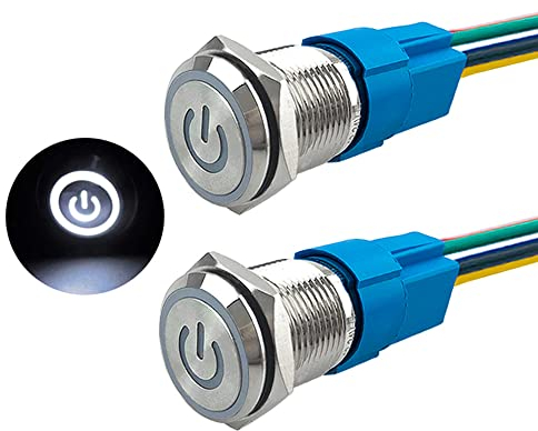 Aiqeer 2 Stück 16 mm Rastend Druckschalter, 12V / 24V 5A Auto Zündung Starter Schalter, IP67 Wasserdichter Edelstahl Druckschalter, mit Vorverdrahteter Steckdose (Weiß LED)