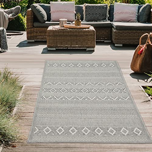 Teppich-Traum In- & Outdoor Teppich Rautenstreifen Grau 67x180 cm | Pflegeleicht, schmutzabweisend, strapazierfähig und langlebig, für Balkon, Terrasse, Wintergarten, Küche & Wohnbereich