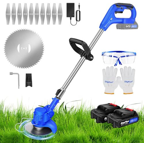 Grass Trimmer Electric String Trimmer Edger Lawn Mower Grass Brush Cutter Kit, Pruning Cutter Garden Tools with 2 Batteries & Metal Replace Blade for Garden Clearing Weeds Flower