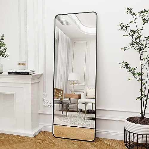 Koonmi Standspiegel mit abgerundeten Ecken, 53 x 163 cm runden Ecken Ganzkörperspiegel mit Ständer, großer Fußboden Standspiegel Ganzkörperspiegel Wand Hänger für Schlafzimmer, Wohnzimmer, Schwarz