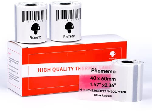 Phomemo 3 Rollen Transparentes Etiketten für M110/M220, 40x60mm, 400 PCS | Phomemo Wasserfestes Selbstklebendes Thermo Etiketten für M110/M220/M108/M221, für Schule, Heim, Büro, Transparentes