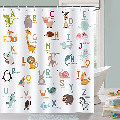 Bonhause Cortina de Ducha para Niños Alfabeto ABC Animales Cortina de Baño de Poliéster Impermeable Antimoho Lavable Cortina Ducha 180 x 180 cm con 12 Ganchos