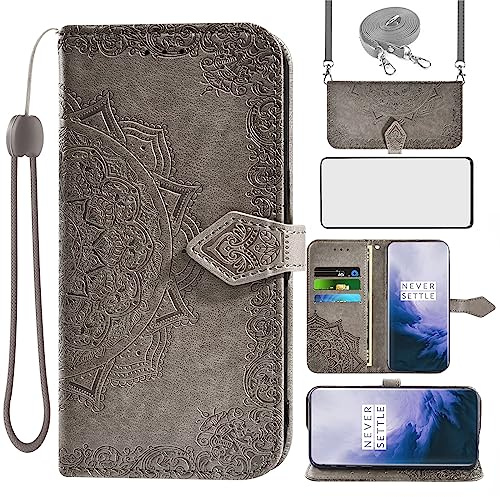 Asuwish Funda Mandala para OnePlus 7 Pro con Cuerda y Cristal Protector de Pantalla Tarjetero Plegable Cadena Cuero Monedero Capa para 7Pro GM1913 Carcasa Phone Case Gris