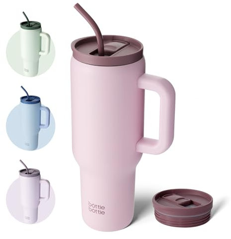 BOTTLE BOTTLE Tasse isotherme 1200 ml, Mug avec paille et poignée, Tasse avec paille sous vide en acier inoxydable pour cadeaux, fêtes, bureau, Café (rose)