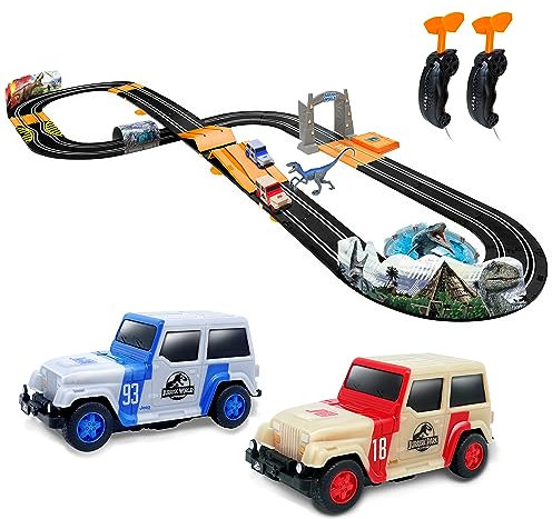 Jura Welt Elektrisches Rennwagen-Strecken-Set mit Rampe, inklusive 2 x Slot-Auto, Dinosaurier-Figur & Zubehör, Jura Park Kinderspielzeug – 4,4 m Rennbahn für Kinder 105022JW (Ultimate Wild Racing)