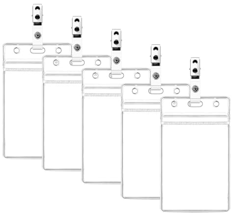 Dimeho Paquete de 5 Portatarjetas de identificación con clip transparentes impermeables Portatarjetas identificación PVC Portatarjetas verticales plástico duro con clips metal tarjetas identificación