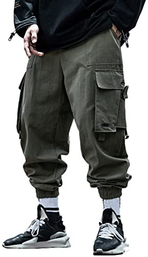 ORANDESIGNE Hombre Pantalones Cargo de Hip Hop Casuales Hebilla Correas Pantalones Techwear D Ejercito Verde 3XL con Múltiples Bolsillos Niños Streetwear