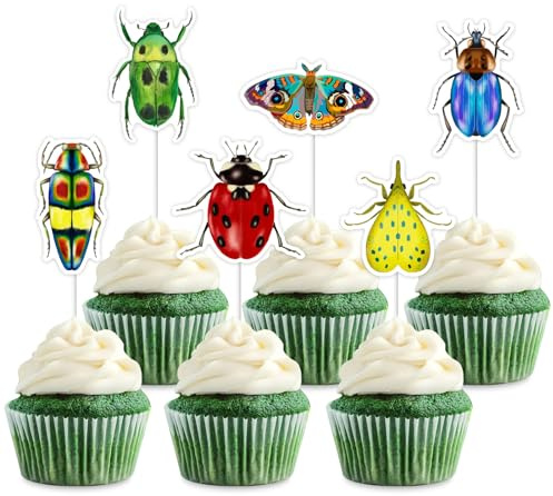 36 Stück Insekten-Cupcake-Topper, Insekten-Party-Kuchendekorationen, Sommer-Frühlings-Insekten-Themen-Kuchentopper, Käfer, Käfer, Marienkäfer und Schmetterling, drinnen und draußen