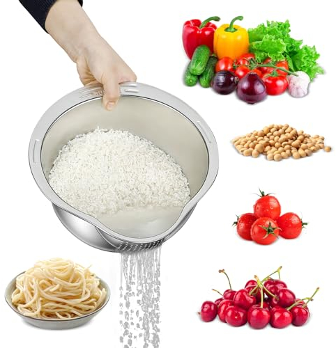 YLARMY Reissieb und Siebschale mit seitlichem Abtropfgestell, Metall-Reisreiniger, 18/8 Edelstahl, Spülschüssel, Waschschüssel für Quinoa, Obst, Gemüse, Linsen, Bohnen, Getreide, Küchensiebkorb
