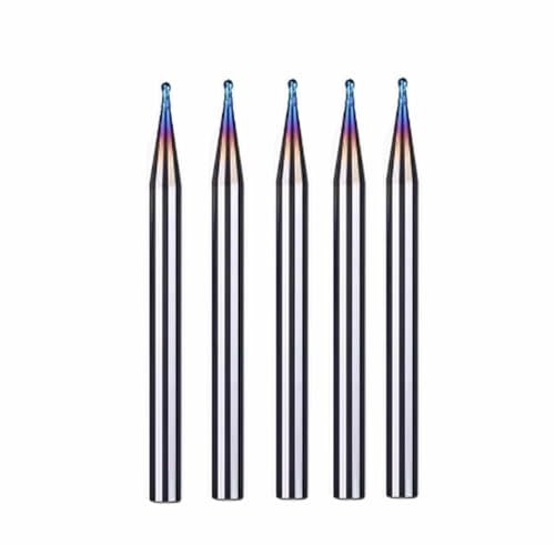 ASZLBYM 5-teiliger 2-schneidiger Hartmetall-Schaftfräser aus HRC65-Wolframstahl mit Kugelkopf und Nanco-Blau-beschichteten CNC-Bohrern zum Schneiden von Holz, Stahl, 3D-Gravur. (Tip Φ1mm)