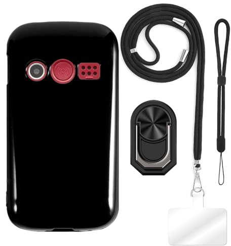 Case Accessory Bundle for Doro 1380 - Black+Black | 2.4 4-in-1 Combo Includes TPU Cover, Crossbody/Neck Lanyard, Wrist Strap and Finger Ring Stand