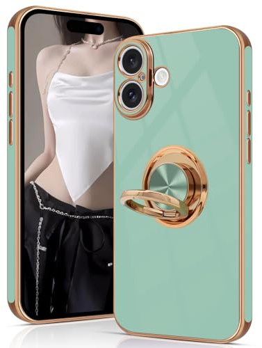 Tveinan for iPhone 16 Case with 360° Rotation Ring Holder Stand, Slim Soft Shockproof Cover with Magnetic Car Holder for Flexible TPU Phone Case for iPhone 16 6.1 - Light Green